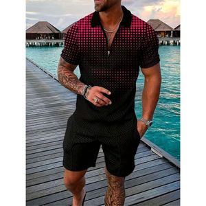 Lo último en camiseta Polo de retazos de rejilla 3D de playa hawaiana de verano, pantalones cortos de manga corta para hombre, conjunto de moda creativa Sunshine