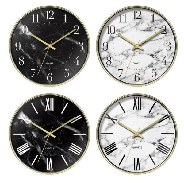 Les dernières horloges murales, horloge murale silencieuse en marbre de 12 pouces suspendue avec chiffres romains salon créatif en or rose de style européen et américain