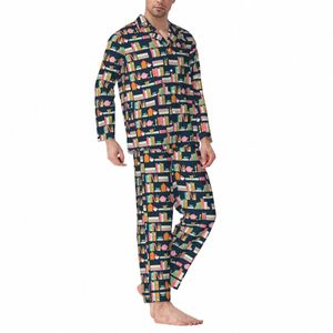 De Bibliotheek Nachtkleding Herfst Thee Boeken Print Casual Oversize Pyjama Sets Heren Lg-Sleeve Zachte Nacht Patroon Nachtkleding v9Wx #