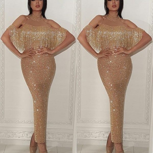 Vestidos de fiesta largos de sirena con lentejuelas doradas brillantes 2019 Nuevo estilo Hasta el tobillo Cuello alto Fuera del hombro Vestidos de fiesta de noche formales con borla