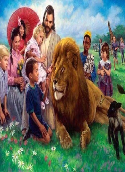 EL LEÓN Y EL CORDERO Jesús Niños Cielo Decoración para el hogar Impresión HD Pintura al óleo sobre lienzo Arte de la pared Lienzo 2002285724987