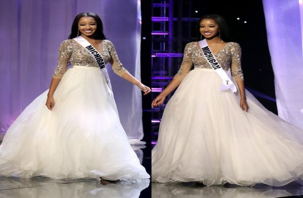 THE MISS TEEN USA 2019 Pageant Robes De Célébrités Sexy Col En V 34 Manches Longues Appliques Puffy Une Ligne Formelle Soirée Occasion Dresse9915233