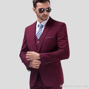 Los hombres de moda más modernos trajes de negocios de tres piezas traje de novio para el novio de diseño último traje rojo de vino para pantalones menjacket vestc279z