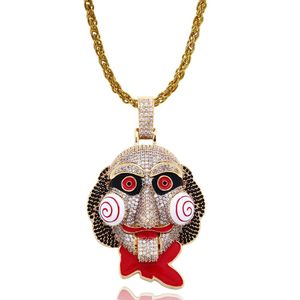 The Movie Saw Mask Diamanten Hanger Kettingen Voor Mannen Hip Hop Luxe Cartoon Ketting Sieraden Vergulde Koper Zirkoon Cubaanse Ketting 2 Kleuren