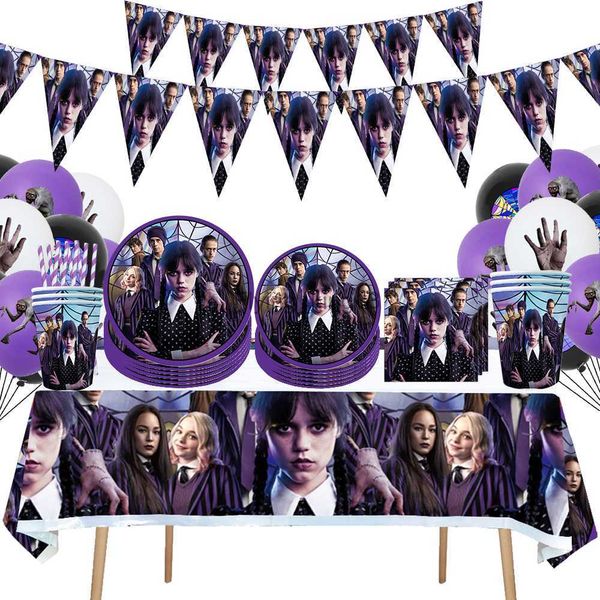 La película Miércoles Addams Decoración de fiesta de cumpleaños Banner Globo Vajilla Suministros para eventos festivos Fondo para el hogar HKD230829