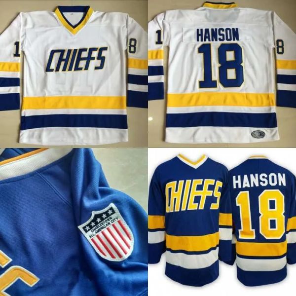 The MovieHockey18 Jeff Hanson Charlestown Jersey para hombre Hanson Brother Slap Shot 100% bordado cosido Película Hockey Jerseys Azul Blanco