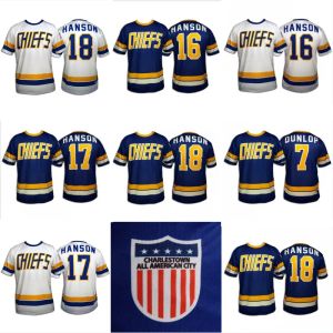 Les frères Moviehockeyhanson Charlestown Hockey Jersey # 16 Jack Hanson # 17 Steve # 18 Jeff Hanson 7 Dunlop Slapshot Jerseys Blue White