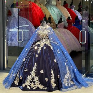 Vestido de fiesta con hombros descubiertos en azul marino, vestidos de quinceañera para niñas, vestidos de fiesta de cumpleaños con flores en 3D y capa con cordones en la espalda