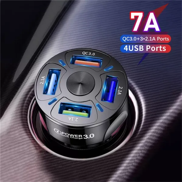 4 puertos Multi USB Cargador de coche rápido 50W 7A Mini Adaptador de carga rápida QC3.0 para iPhone13 / IPad / Xiaomi / Huawei / Samsung Adaptador de teléfono móvil Dispositivos Android