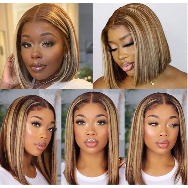 The New Blonde Highlight Bob Perruques Cheveux Humains 150% Remy Pré Pincés Brésilien P4/27 Ombre Lace Closure Wig 4x1 T Part Court Bob Perruque de Cheveux Humains pour Femmes Noires