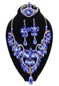 De nieuwe blauwe kristallen Rhinestone Flower ketting oorbellen ingesteld voor vrouwelijke bruiloft bruids sieraden sets8381076