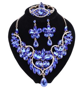 De nieuwe blauwe kristal Rhinestone Flower ketting oorbellen ingesteld voor vrouwen bruiloft Luxe bruidsjuwelen sets4726200