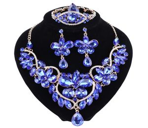 De nieuwe blauwe kristal Rhinestone Flower ketting oorbellen ingesteld voor vrouwen bruiloft bruids sieraden sets8640089