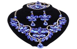 De nieuwe blauwe kristallen strass Bloem ketting oorbellen ingesteld voor vrouwen bruiloft Luxe bruids sieraden sets1237947