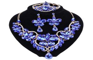 De nieuwe blauwe kristal strass bloem ketting oorbellen set voor vrouwen bruiloft luxe bruidssieraden sets6437222