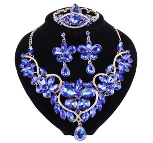 De nieuwe blauwe kristal strass bloem ketting oorbellen set voor vrouwen bruiloft luxe bruids sieraden sets2281960