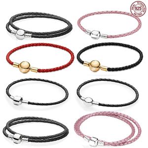 La nueva y popular pulsera con dijes de cuero negro rosa plata pura 925 es adecuada para Pandora Original Design Style DIY Regalos para hombres y mujeres