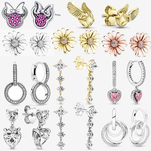 Le nouveau populaire 925 en argent sterling charme mode marguerite dôme doré jaune coeur clignote boucles d'oreilles Pandora femme anniversaire bijoux cadeau