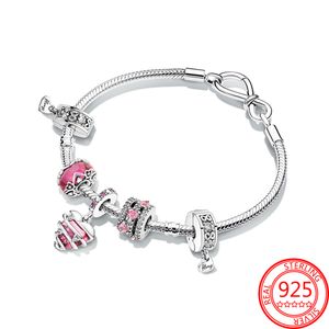 De nieuwe populaire 925 sterling zilveren bedelarmband romantische rotatie liefde hanger roze glazen kraal armband pakken Valentijnsdag cadeau -accessoires