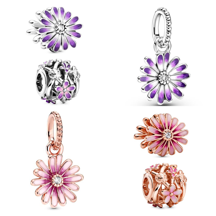 The New Popular 925 Sterling Silver Classic Purple Pink Pink Daisy Flower Hanging Charm Pearl DIY Gift Jewelry Is Suitable for Primitive Pandora Bracelets Female