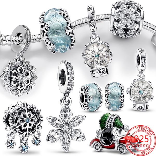 Le nouveau populaire 925 Sterling Silver Winter Series Snowflake Charm Blue Glass Beads Convient pour Pandora Bracelet Fille Cadeau de Noël