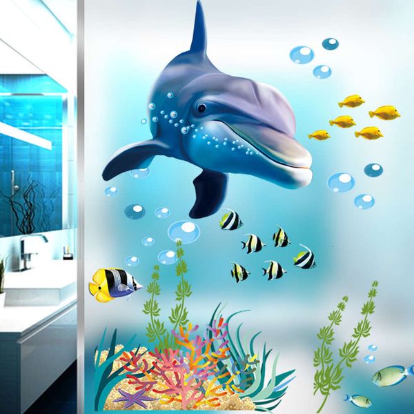 The New World of the Sea Dolphins Creative salle de bain piste de salle de bain autocollant garçons de chambre à coucher de chevet autocollants muraux décoratifs apposités