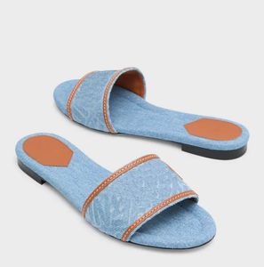Les plus récentes femmes sandales pantoufles talon Denim Logo Slide Sandales Flat Resort Sandal dame en plein air flip flop plage appartements slip sur box35-42