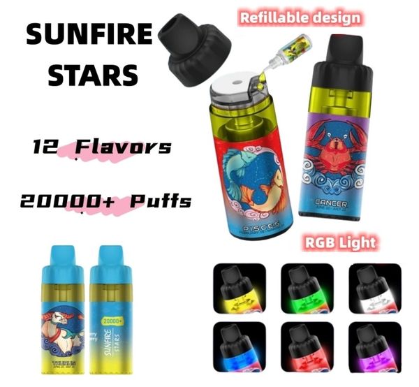 Les vapoteurs authentiques nouvellement sortis fument du soleil 15000 18000 20000 15K 18K 20K Puffes Airflow Airflow Refillable E-cigarette Pod 30ml Mesh Coil 6mg Nic Vape Device