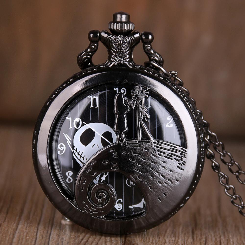 The Nightmare Before Christmas Quartz Pocket Watch Antique Black Steel Men Women Pendant Necklace Clock Gifts Fob Watch