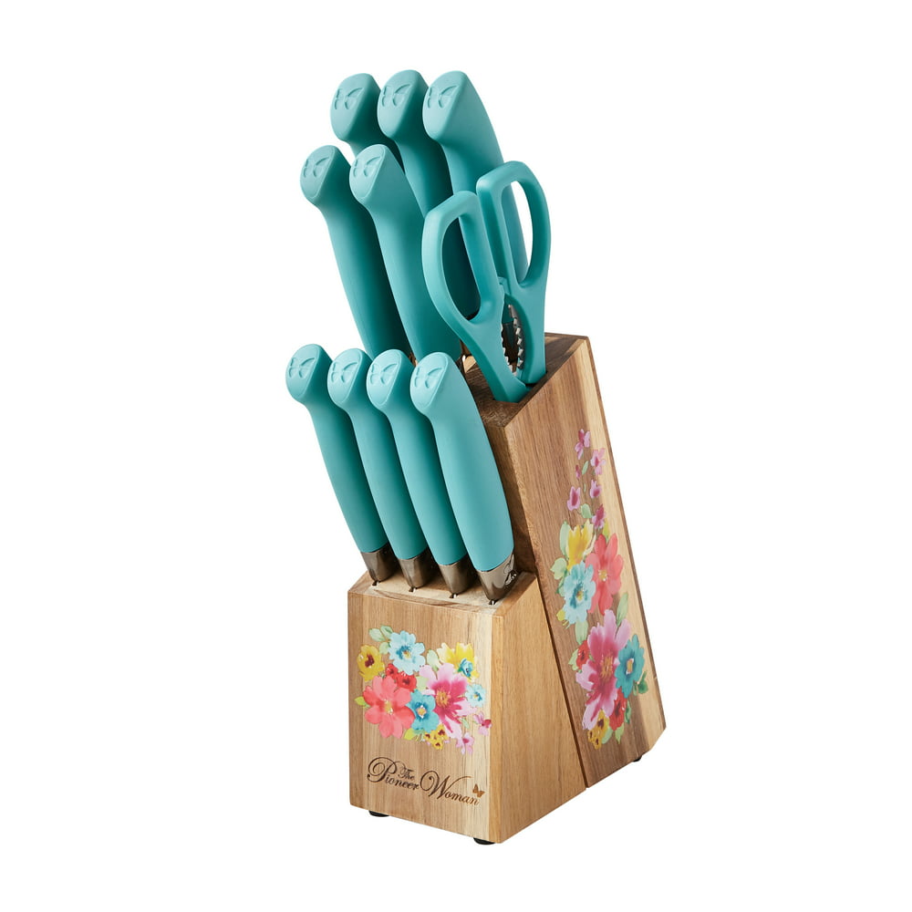 Breezy Blossoms 11-teiliges Messerblock-Set aus Edelstahl, Blaugrün
