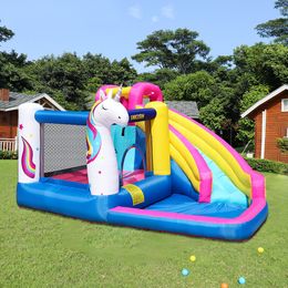 the Playhouse Gonflable Moonwalk Toboggan Aquatique Piscine Bounce House Jumper pour Enfants Parc de Jeux en Plein Air Château Gonflable avec Toboggan Aquatique Thème Licorne Videur avec Souffleur