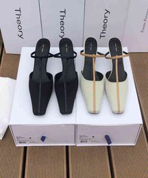 The Row 2022 zapatos de primavera y novedad de verano, zapatillas minimalistas de cuero Baotou de tacón alto, sandalias, zapatos Muller franceses para mujer 3720165