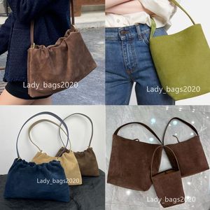 The Row Bucket Bag Paquete de cuero de gamuza axilar Tote Bolso de gran capacidad verde Bolsos de diseño de lujo para mujer Cierre de correa de hombro plano Embrague Monedero minimalista