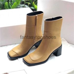 The Row Designers Small Shoes Shoes Women TR Rois Crowd Dress Leather Dikke Hoge Heel Short Boots for Women French Side Zipper Square Head Dunn New 2024