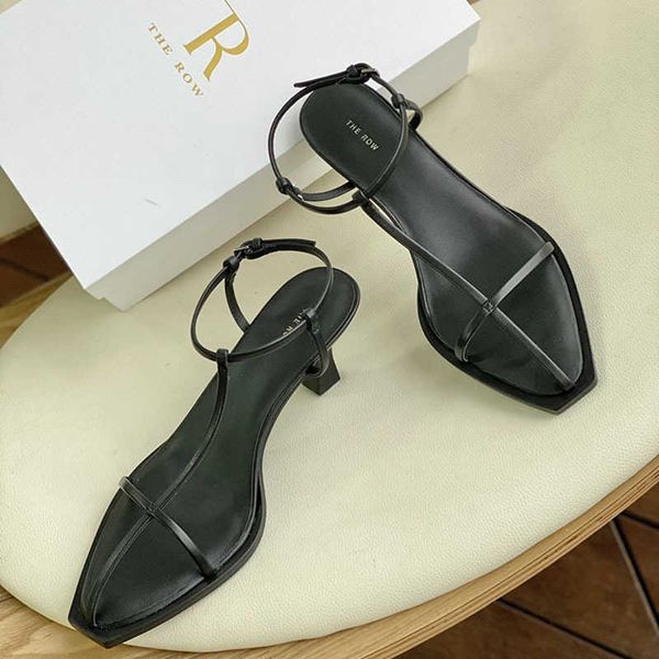 The Row, zapatos de tacón alto, novedad de 2023, sandalias de tacón grueso con tacón de gato y punta abierta para mujer, sandalias de cabeza cuadrada versátiles e informales a la moda para mujer