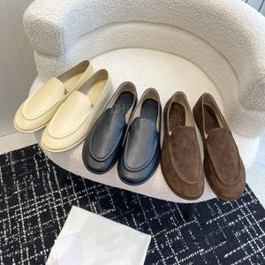 the row loafers Eenvoudig klassiek Echt leer Ronde tenen Platte schoenen Wandelen Kantoor Casual platte schoenen Designer schoenen Bruin zwart beige wit Met doos