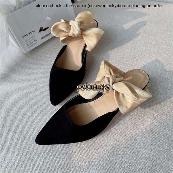 The Row Shoes 2024 printemps / été Nouveau The Row Bow Muller Chaussures pointues High Heels Half Remolers French Shoes Little Cat Heel Sandales High Quality