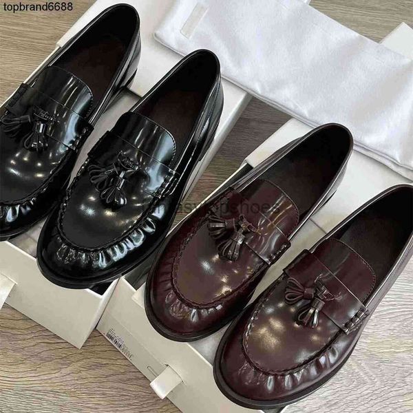 Les chaussures de chaussures de rangs simples de robe de chambre pour femmes du groupe de chaussures en cuir en cuir réel tassel lefu style anglais talon plat rond taille 34-39