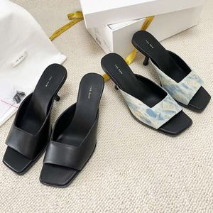 La rangée la * Elegant One Shoes Word Slippers Denim Soft LambsKin Square Head Summer Open Toe High Heel Shoes