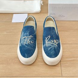 De Row Womens Edition Designer Sneakers Limited Casual Lofer Shoes Fashion Luxe Dikke Bottom Denim Blue Canvas gewassen geborduurde letters een stijgbeugel Loafers