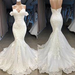 L'épaule hors sirène robes De mariée nouveauté chérie Court Train Appliques Tulle robes De mariée Robe De Mariage Sweeart