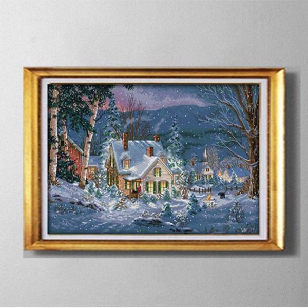 La nuit enneigée de Noël DIY fait à la main au point de croix, ensembles de broderie, kits de peintures comptées imprimées sur toile DMC 1231V