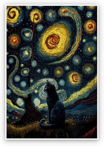 The Starry Night Cat Canvas Wall Art Famous Paintings Oil Painting Black Cat Affiche de chat drôle de chat coloré Résumé Galerie de la ferme esthétique décoration murale de chambre esthétique pour chambre à coucher