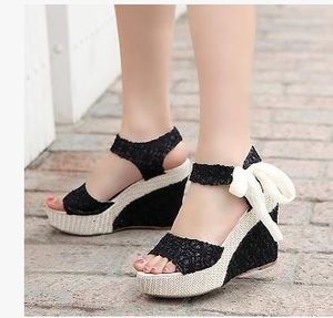 Sandales d'été à semelles compensées pour femmes, chaussures à talons hauts, tissu en filet, ceinture en dentelle, 550 - 836/Q5
