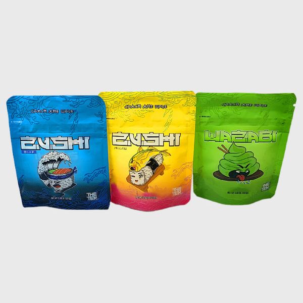 Les dix sushi zushi 3.5g sacs d'emballage paquets de verrouillage pour enfants bonbons refermables gommeux mylar plastique gummies paquet vide