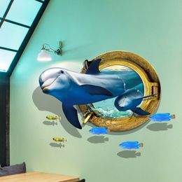 El mundo submarino Dolphin Etiqueta de la pared Sala de estar Pegatinas de fondo Muraux Decoración para el hogar Adesivo de Parede 3D 210420