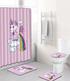 Le rideau de salle de bain Unicorn 4pcs Set 3D Rideaux de douche tapis rose pour le salon tapis anti-glissement tapis de toilette 9102759