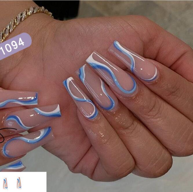 De golflijn 24 stks/doos fashional Zomer Volledige Cover Nails Tips Kerst Ontwerp Stijl Lange Druk Op Nail Tips Franse ballet blauwe diamant nagel tip