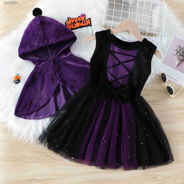 Costume à thème 2-6 ans filles en bas âge robes d'Halloween sorcière Cape violette Cape et robe de soirée princesse pour filles enfants Halloween ComeL231007