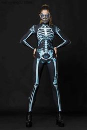 Traje temático 2022 Esqueleto Impresión digital Mujer Flaca Halloween Mono de una pieza Cosplay Viene Sexy Body Zentai Traje Mujer T231013